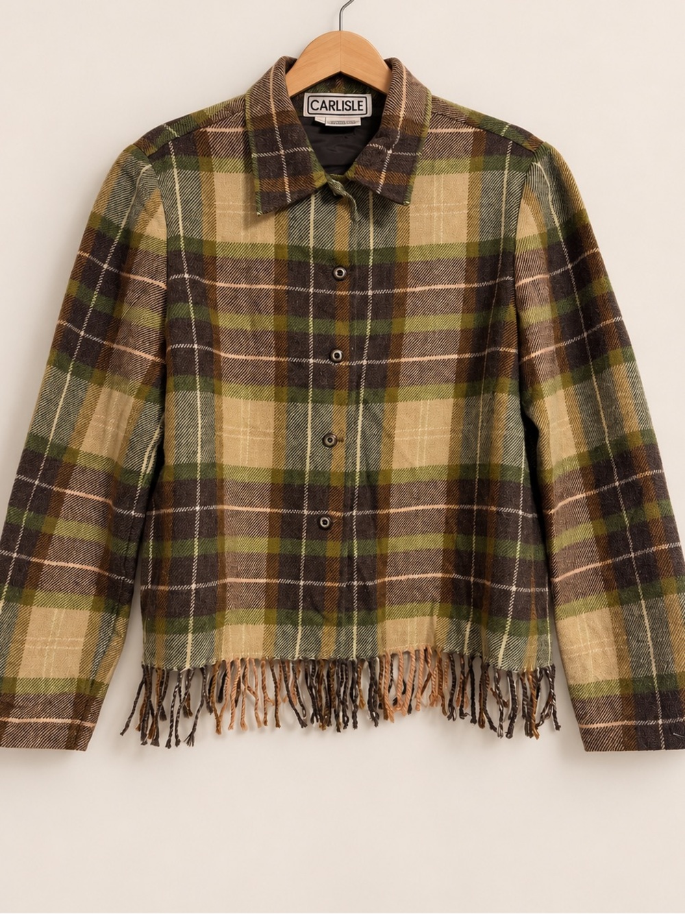 Carlisle Vintage 100% Wool Plaid Fringe Jacket Size 8
